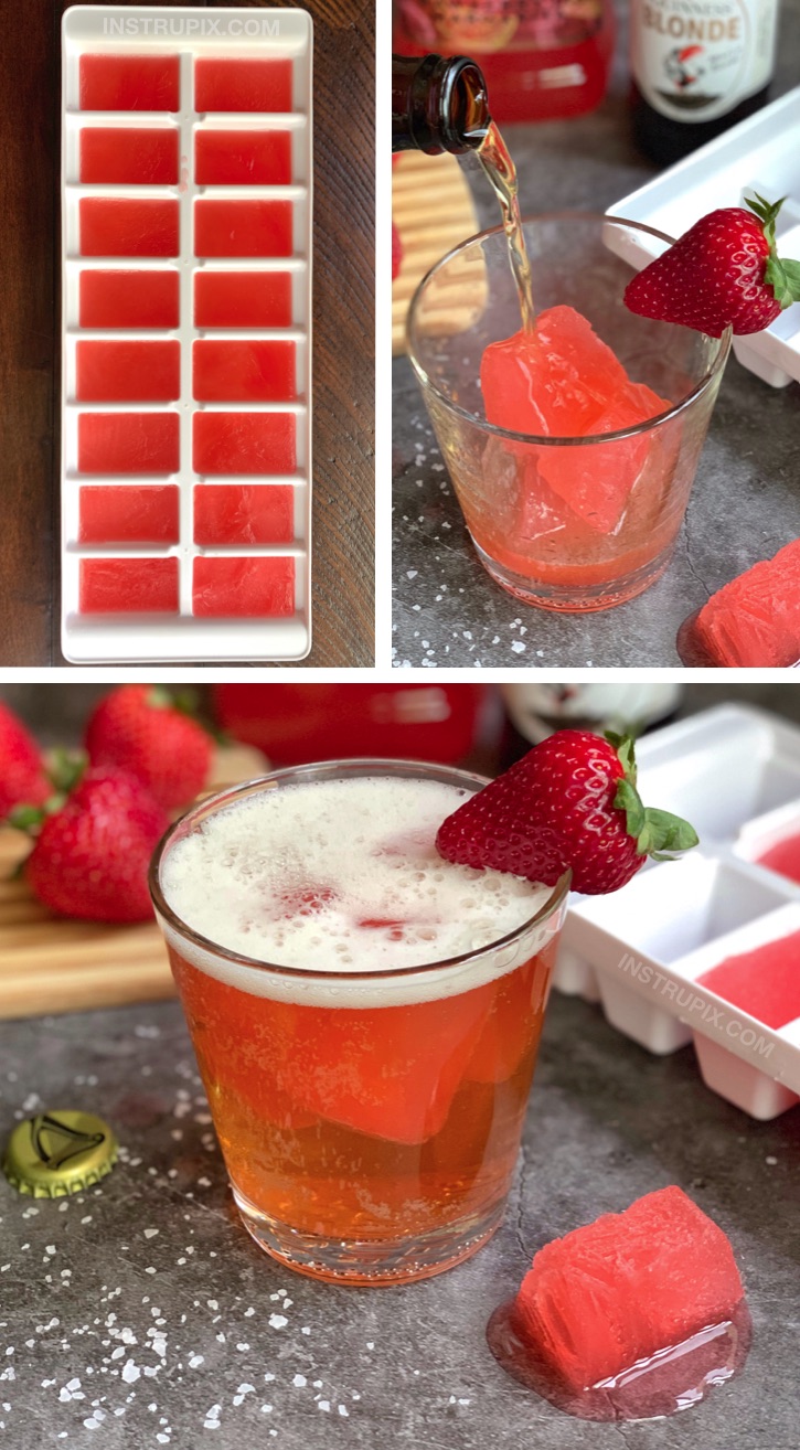 Strawberry Margarita Cubes and Beer (perfect with a blonde beer!) Plus 4 other cocktail cube drink ideas. Great for parties! These cubes flavor and chill your beer at the same time! #instrupix #drinkrecipes #strawberrymargarita