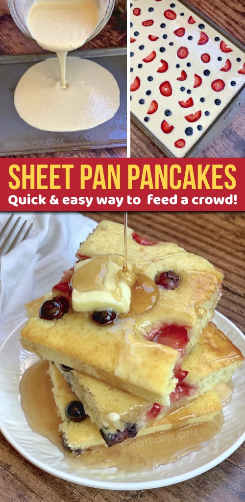 Looking for quick and easy breakfast ideas for a crowd? These sheet pan pancakes are simple, hassle free and always a hit! Kids and adults love them. I make them with Bisquick but you can use any recipe you would like. Great for large families! #instrupix #breakfast #pancakes #foodhack