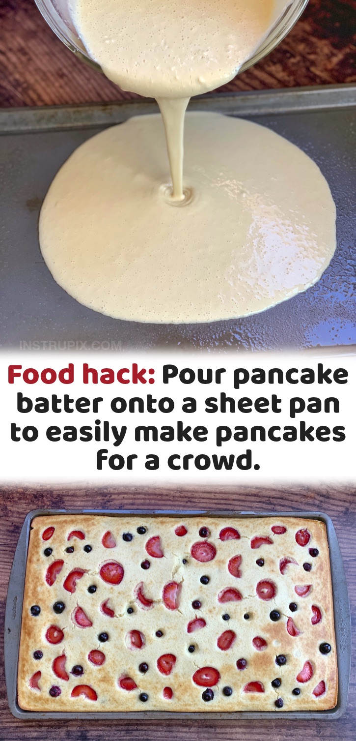 This is a food hack everyone should know! If you're tired of standing over the stove flipping one pancake at a time for breakfast, try making your pancakes on a sheet pan in the oven. It's a great way to feed a large family or crowd of kids when you have sleepovers. You can top the batter with anything you'd like such as berries, bananas or chocolate. I make them when my kids have friends stay the night. Great tip for holiday gatherings or if you just have large family to feed in the mornings.