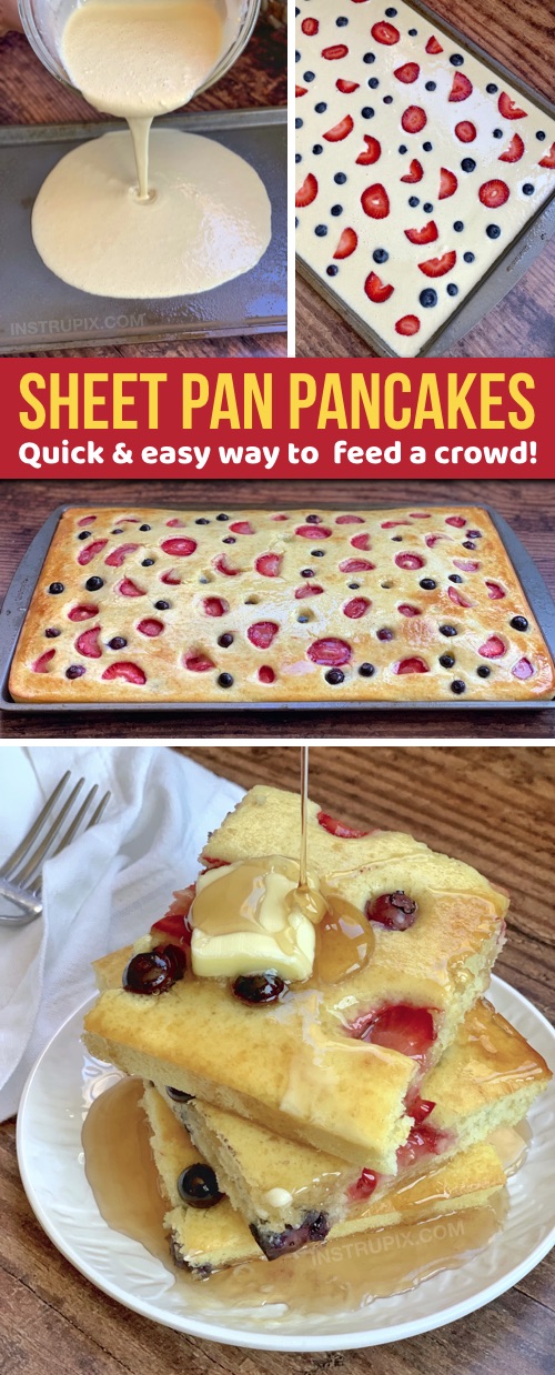 Looking for quick and easy breakfast ideas for a crowd? These sheet pan pancakes are simple, hassle free and always a hit! Kids and adults love them. I make them with Bisquick but you can use any recipe you would like. Great for large families! #instrupix #breakfast #pancakes #foodhack