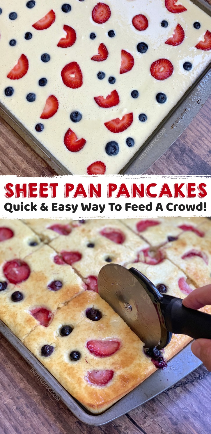 Looking for quick and easy breakfast ideas to feed a crowd? These sheet pan pancakes are so simple and cheap to make with Bisquick! Great for kids sleepovers, parties, brunches, potlucks and large families. You can make ahead the batter, and then just pour it into the sheet pan when everyone is ready to eat. Top with anything you'd like! This fun and creative way to make pancakes is perfect for any large morning get-together. No more standing over the stove cooking one pancake at a time! 