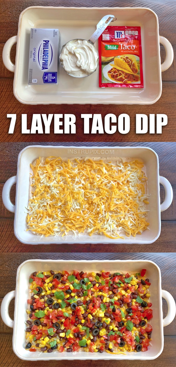 The BEST quick & easy make-ahead party appetizer for tortilla chips! If you’re looking for simple and cheap party dip recipes that will disappear in seconds, this Southwest Style 7 Layer Taco Dip is a breeze to put together with just 3 ingredients for the base: cream cheese, sour cream and taco seasoning. And because it’s served cold, you can make it ahead of time and then simply whip it out when it’s time to party. That’s my favorite kind of party dip! Perfect for feeding a crowd.