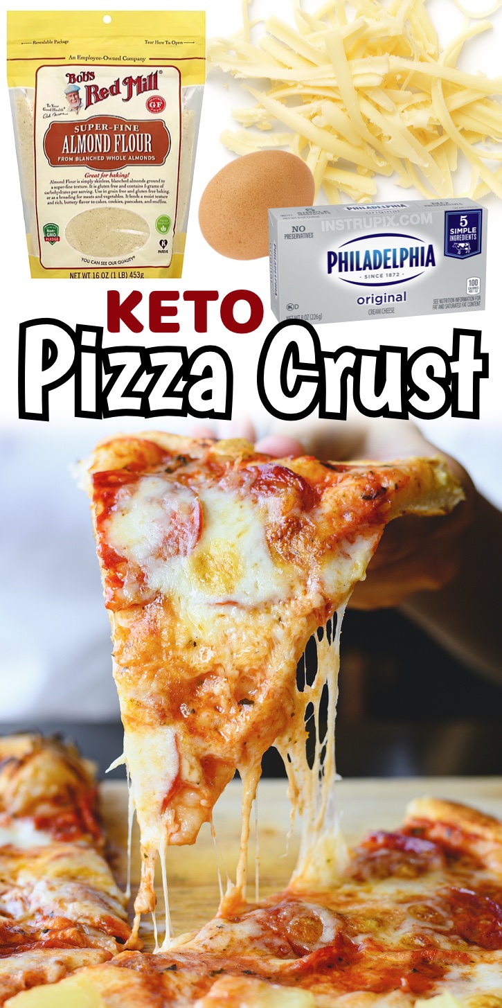 The best keto pizza crust made with just almond flour, cream cheese, mozzarella, and egg! You will never miss carbs again. This actually tastes better than real pizza, but it's low carb, keto friendly, gluten free, and packed full of protein and fat. These low carb kitchen staples come together like magic to make a pizza crust that has the texture and flavor close to the real thing. Even my picky family enjoys this for dinner, and they have no idea it's considered 