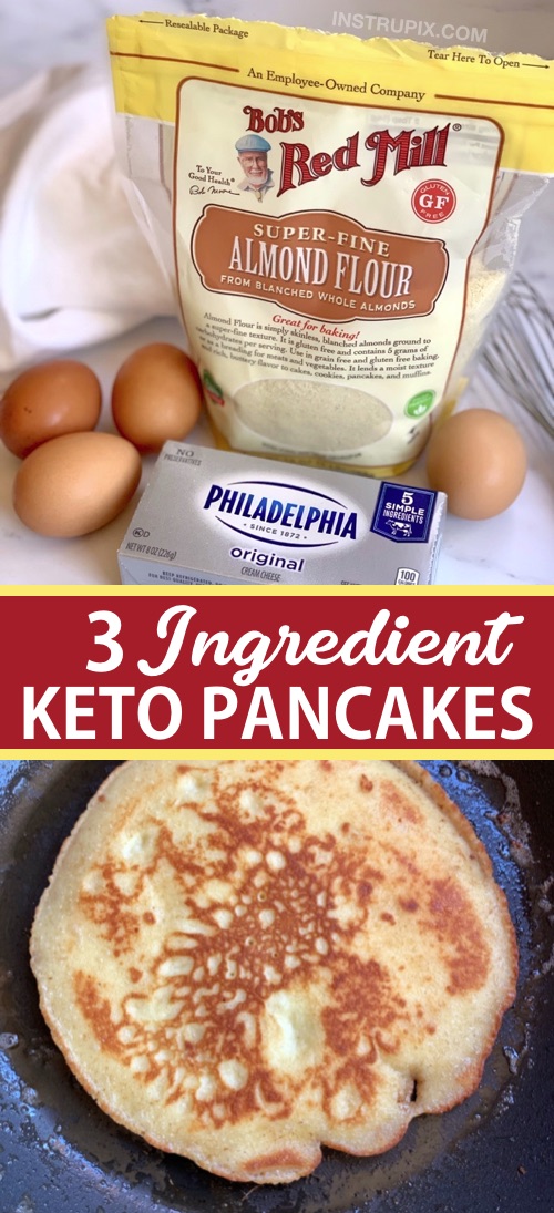 3 Ingredient Keto Pancakes made with simple ingredients: almond flour, cream cheese and eggs! The BEST quick and easy low carb breakfast idea. Freezable and great leftover, too! No eggy taste. Delish. #keto #lowcarb