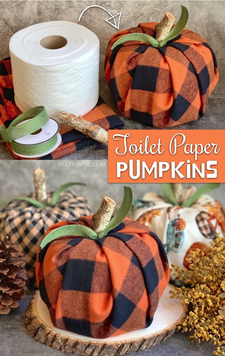 DIY Fall decor idea for the home (great for gifts, too.) -- Easy No-Sew toilet paper pumpkins! A cheap, quick and easy fall project made with fabric, toilet paper, ribbon and a piece of branch. #fall #instrupix 