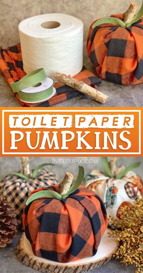 DIY Fall craft decoration for the home -- toilet paper pumpkin craft instructions! A cheap, quick and easy fall project made with fabric, toilet paper, ribbon and a piece of branch. #fall #instrupix 