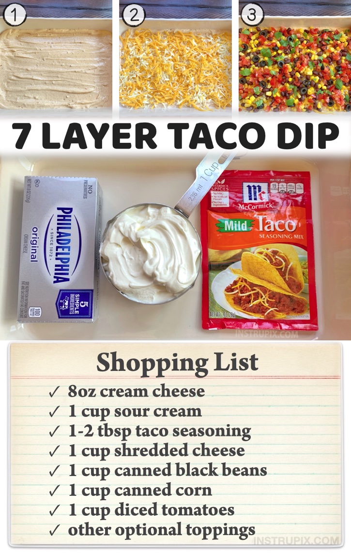 A super quick and easy make ahead appetizer for a party! Serve cold with tortilla chips. I'm a huge fan of cream cheese, and this chip dip is absolutely amazing. A real crowd pleaser! Top it with shredded cheese and the fresh taco ingredients of your choice like corn, beans, olives, tomatoes, cilantro, etc. The best last minute party food! It's great for just about any occasion including birthday parties, holidays, game day, Bridal showers, football Sunday, or any other time you're hosting!