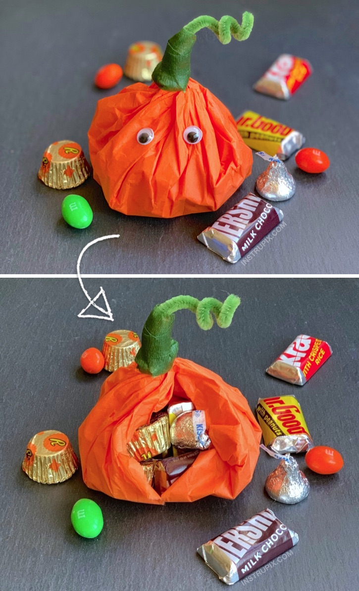 DIY Halloween Party Idea For Kids (cheap and easy!): The cutest little DIY party favor goody bags! Tissue Paper Pumpkins Stuffed With Candy. These would be perfect for Halloween school treats or any fall themed party (Thanksgiving, too). #partyfavors #halloween #fall #instrupix #party