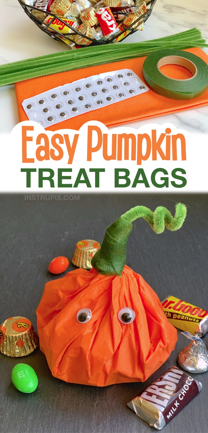 Looking for Halloween party ideas for kids? These homemade goody bags are so easy to make with just a few simple supplies including tissue paper, pipe cleaners and googly eyes. They are SO CUTE!! Stuff these Halloween themed treat bags with candy or even small toys. They are perfect to hand out for home or school parties. Kids, teens and adults love them! A super fun way to hand out candy for Halloween. The best little fall themed quick and easy DIY party favors. 