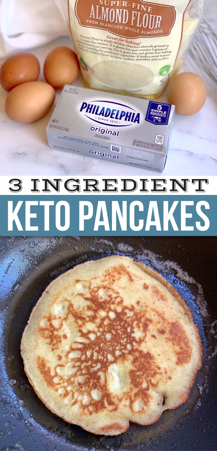 Looking for quick and easy keto breakfast ideas besides just eggs? These 3 ingredients keto pancakes are made with just almond flour, cream cheese and eggs! So simple and delish! Seriously, the best easy low carb breakfast recipe for busy mornings. Great leftover, too. Serve with butter and sugar free syrup. Perfect for a ketogenic diet, Atkins, diabetics or anyone trying to watch their carbs and lose weight! Yes, you can have pancakes on a low carb diet. Yay! #keto #lowcarb #weightloss #ketogenic