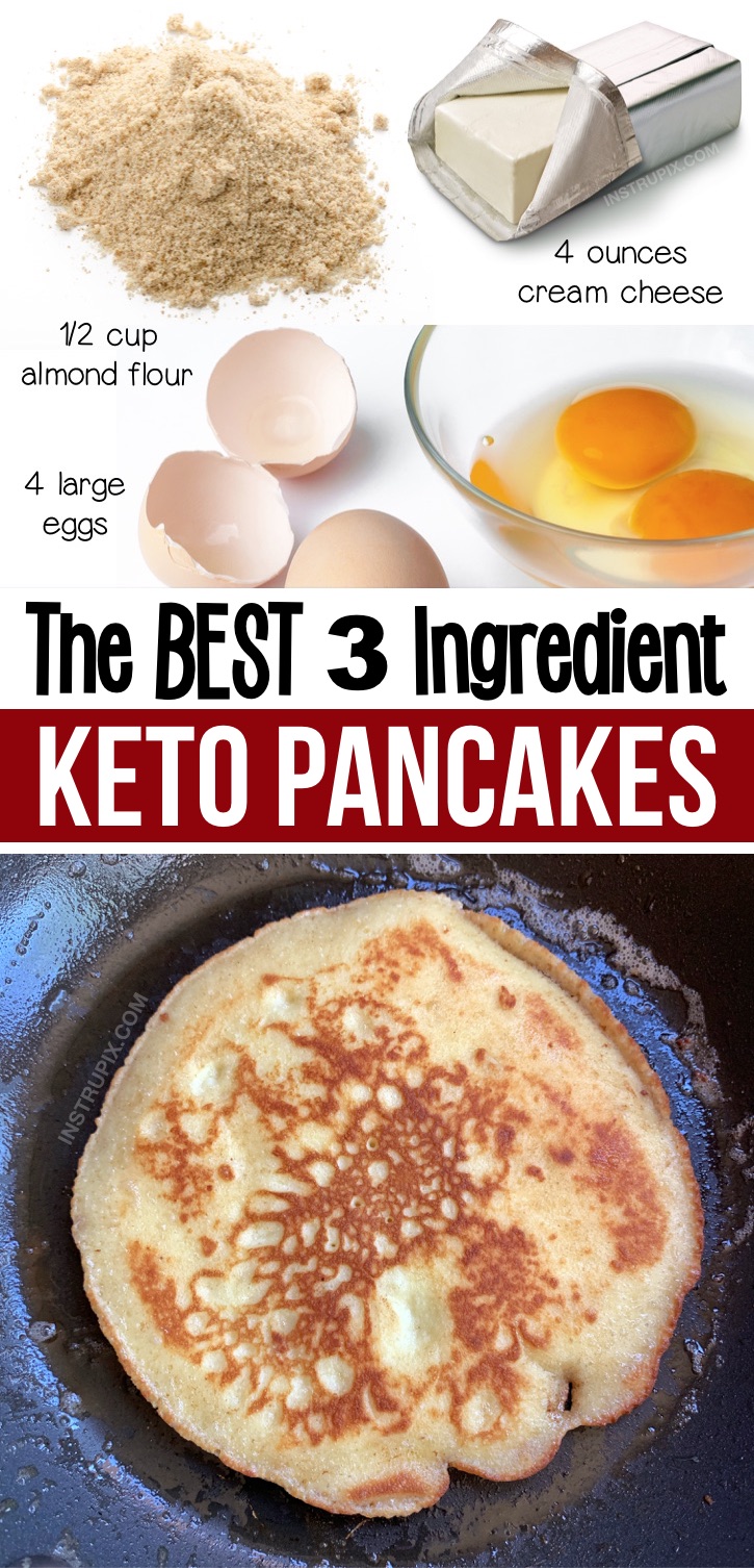 Looking for quick and easy keto breakfast ideas other than just eggs? Check out these 3 ingredient Keto pancakes made with just eggs, almond flour and cream cheese (you can also substitute coconut flour). They are low carb and delish! My favorite keto breakfast recipe for beginners. Serve with butter and sugar free syrup to make them for your ketogenic diet. You've go to add these low carb pancakes to your weekly meal plan. The family will love them, too! #keto #lowcarb #ketopancakes #instrupix