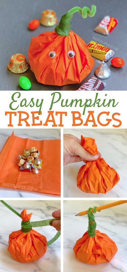 Halloween Party Idea For Kids: The cutest little DIY party favor goody bags for school! Tissue Paper Pumpkins Stuffed With Candy. Super cheap and easy to make! These would be perfect for any fall themed party (Thanksgiving, too). #partyfavors #halloween #fall #instrupix #party