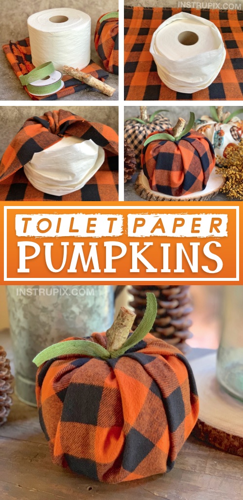 DIY Fall decor idea for the home -- Easy toilet paper pumpkin craft! A cheap, quick and easy fall project made with fabric, toilet paper, ribbon and a piece of branch. #fall #instrupix 