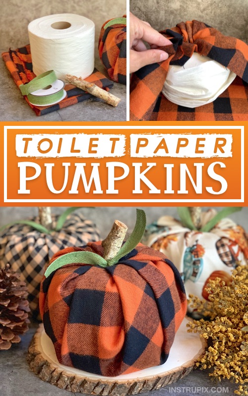 DIY Fall decor idea for the home -- toilet paper pumpkin craft instructions! A cheap, quick and easy fall project made with fabric, toilet paper, ribbon and a piece of branch. #fall #instrupix 