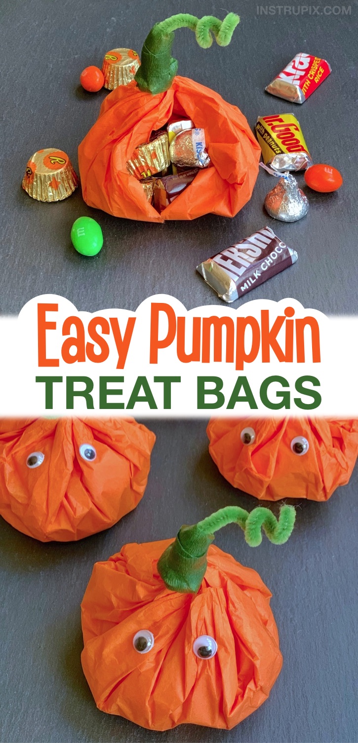 Looking for Halloween party ideas for kids? These cute little candy filled pumpkin treat bags are perfect for home and school parties! Kids of all ages love these easy to make goody bags- toddlers, elementary age and teens. Super cute on a table display. Also creative gift ideas for friends, family, coworkers and neighbors. Who doesn't love candy?  Perfect Halloween candy ideas to pass out at school or a home party. Super easy and cheap to make with tissue paper and pipe cleaners. #halloween