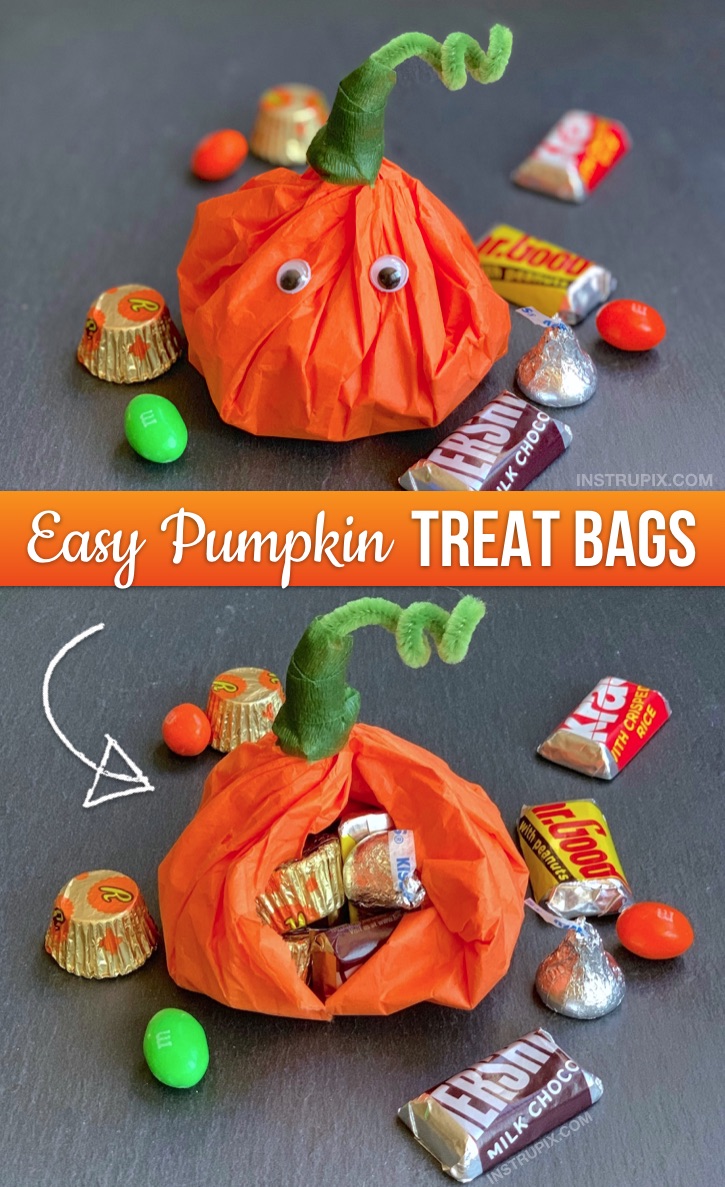 Halloween Party Idea For Kids: The cutest little DIY party favor goody bags! Tissue Paper Pumpkins Stuffed With Candy. Super cheap and easy to make! These would be perfect for Halloween school treats or any fall themed party (Thanksgiving, too). #partyfavors #halloween #fall #instrupix #party