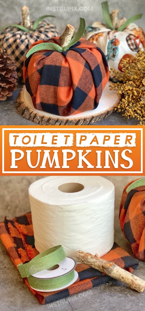 Easy DIY toilet paper pumpkin project! A cheap, quick and easy fall craft made with fabric, toilet paper, ribbon and a piece of branch. #fall #instrupix 