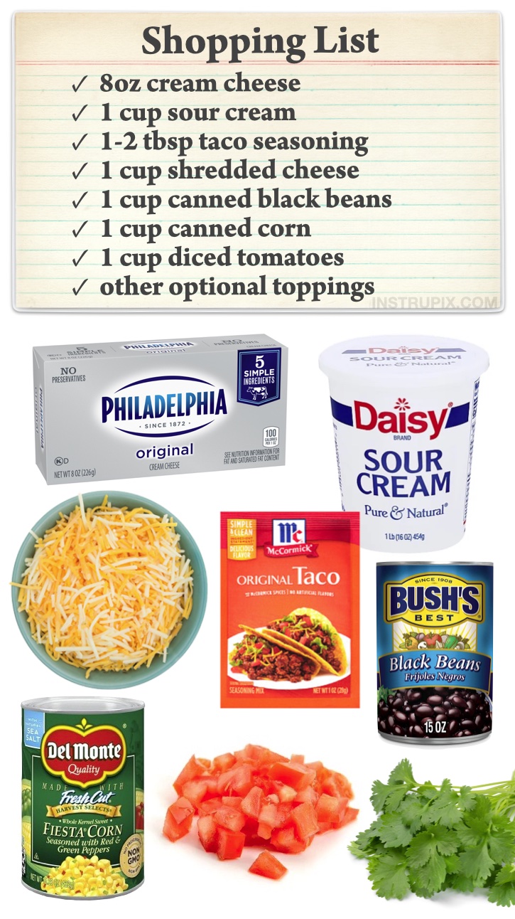 Easy Cold 7 Layer Taco Dip Party Appetizer (Quick and easy make ahead dip for a crowd!) Serve with tortilla chips.