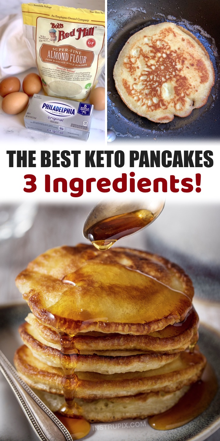 A Quick & Easy Low Carb Breakfast Recipe | These delicious keto pancakes are made with just almond flour, cream cheese and eggs. That’s right! These 3 simple ingredients come together like magic to make a classic breakfast that you don’t have to feel guilty about. Top them with a sugar-free syrup or pureed berries. Yum! They are absolutely delightful, especially when you’re used to eating scrambled eggs EVERY dang morning. About 1 net carb per pancake. Not bad and totally worth it!