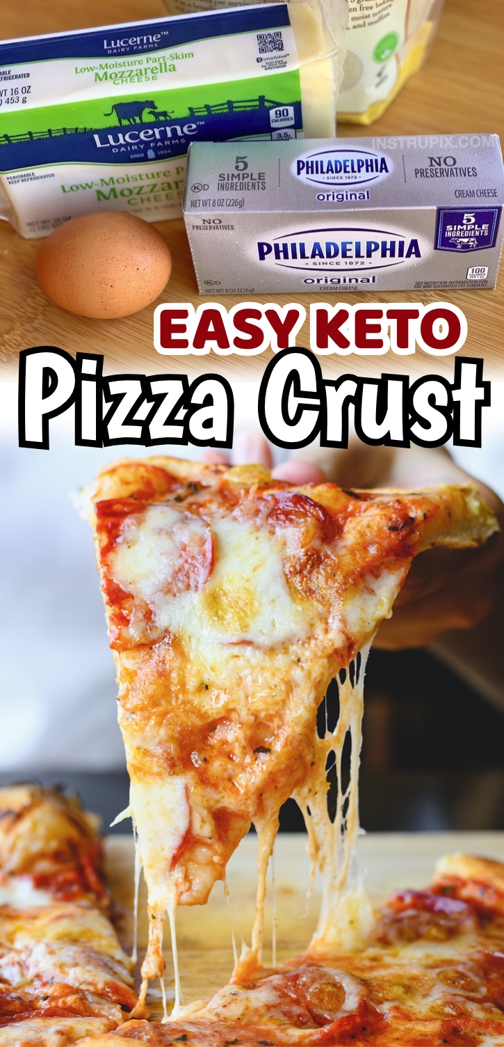 Keto Pizza Crust Recipe | These simple ingredients come together like magic! This keto friendly pizza crust is made with just cream cheese, almond flour, mozzarella cheese, and an egg. Wow! You won't believe how good it is. It actually tastes better than regular pizza to me, but it's gluten free, low carb, and much healthier. Even my picky family enjoys this for dinner. We top it with a sugar-free pizza sauce, more cheese, various toppings, and sprinkle it with Italian seasoning. Our favorite low carb meal!