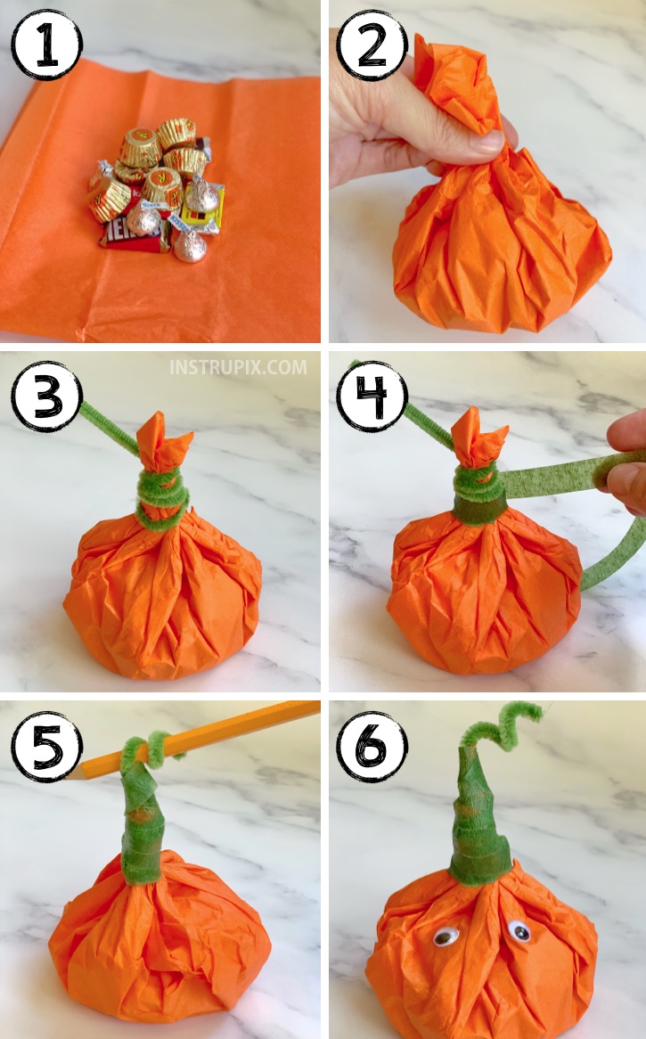 The cutest little DIY party favors for Halloween! Tissue Paper Pumpkins Stuffed With Candy. Super cheap and easy to make! These would be perfect for Halloween school treats or any fall themed party (Thanksgiving, too). #partyfavors #halloween #fall #instrupix #party