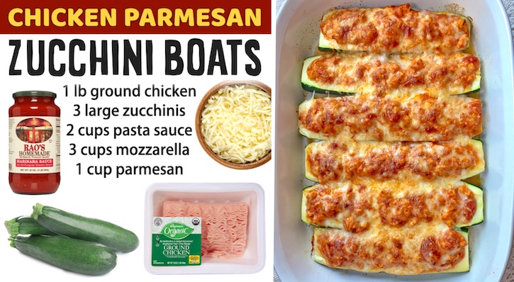 The best healthy and low carb dinner recipe! These chicken parmesan zucchini boats made with just a handful of cheap ingredients. 