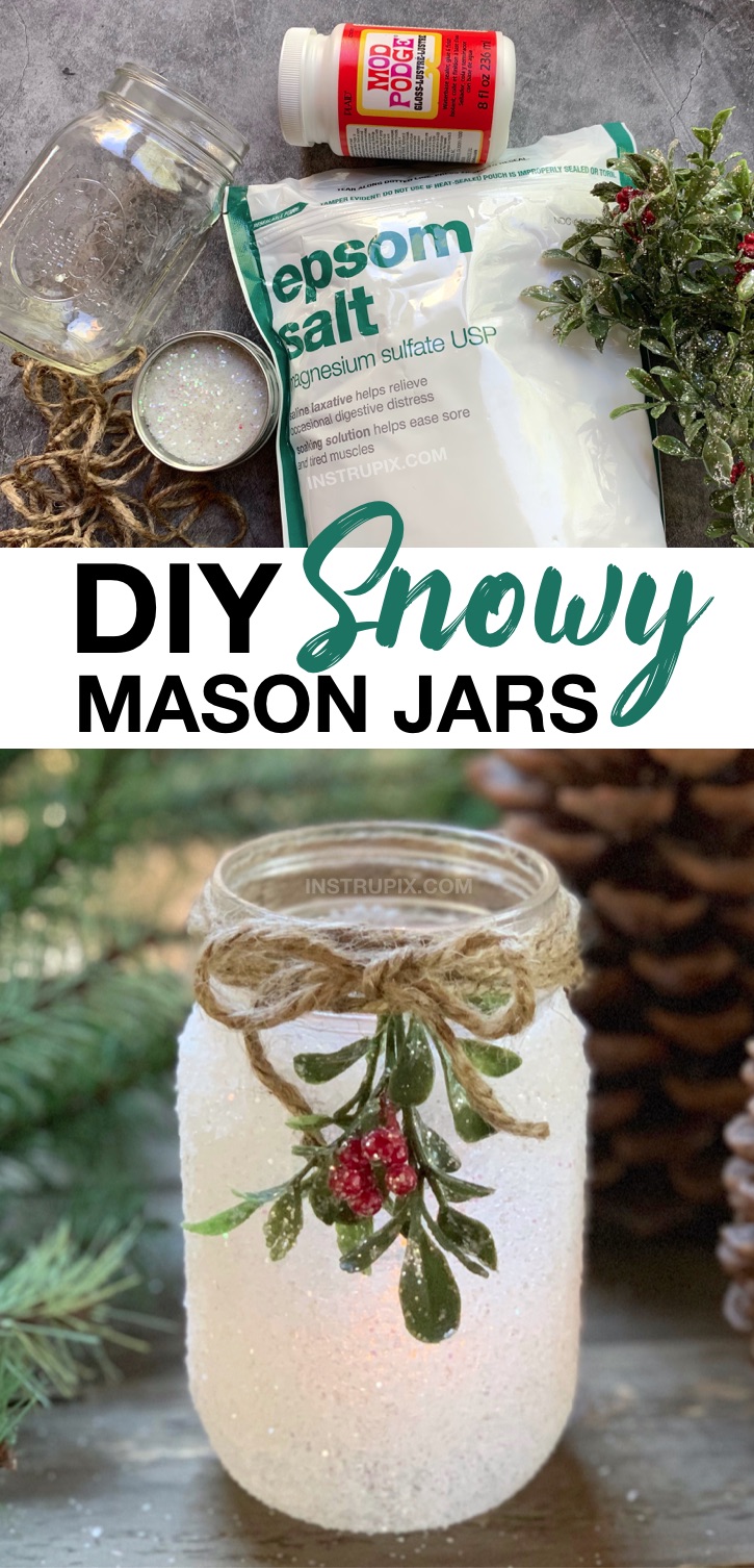 This DIY Christmas craft is absolutely beautiful! DIY Christmas Mason Jar Luminaries. A fun home decorating project for older kids, teens and adults. These sparkly jars are cheap and easy to make with epsom salt and glitter! They look stunning at night with a battery operated tea light. These make for beautiful holiday gifts, and are even pretty enough to sell. Use them to decorate your entry table or as a dining room table centerpiece for the holidays. #christmas #diy #instrupix #homedecor
