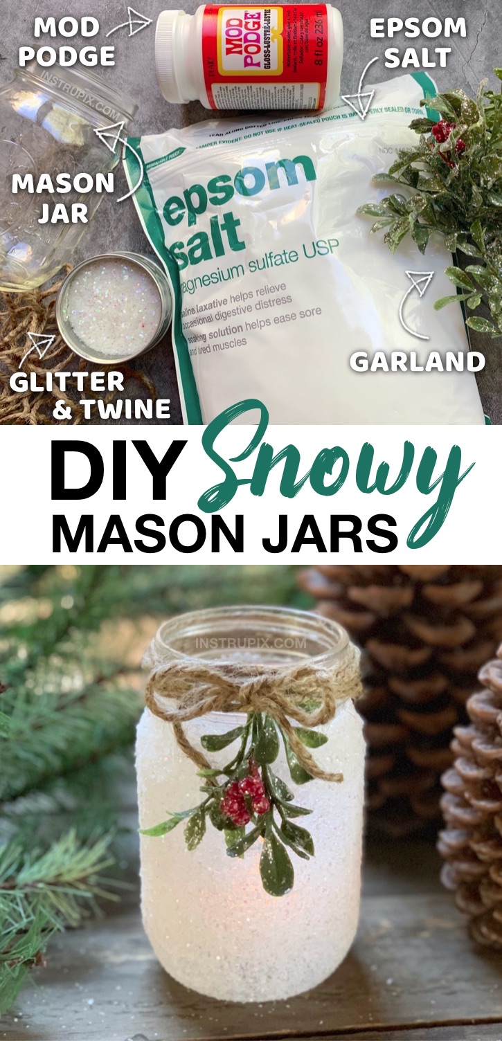 Looking for easy Christmas crafts to make? These snowy mason jars are so simple to make with just a few cheap supplies! Epsom salt, glitter and mod podge. They make for beautiful holiday handmade gifts and DIY rustic home decor. Perfect for teenagers and adults to make. Pretty enough to sell and make money! Such a cute and creative idea. Fill them with battery operated tea lights. A sparkly room decoration for the holidays! DIY Christmas Decorations For Home #christmas #homedecor #instrupix