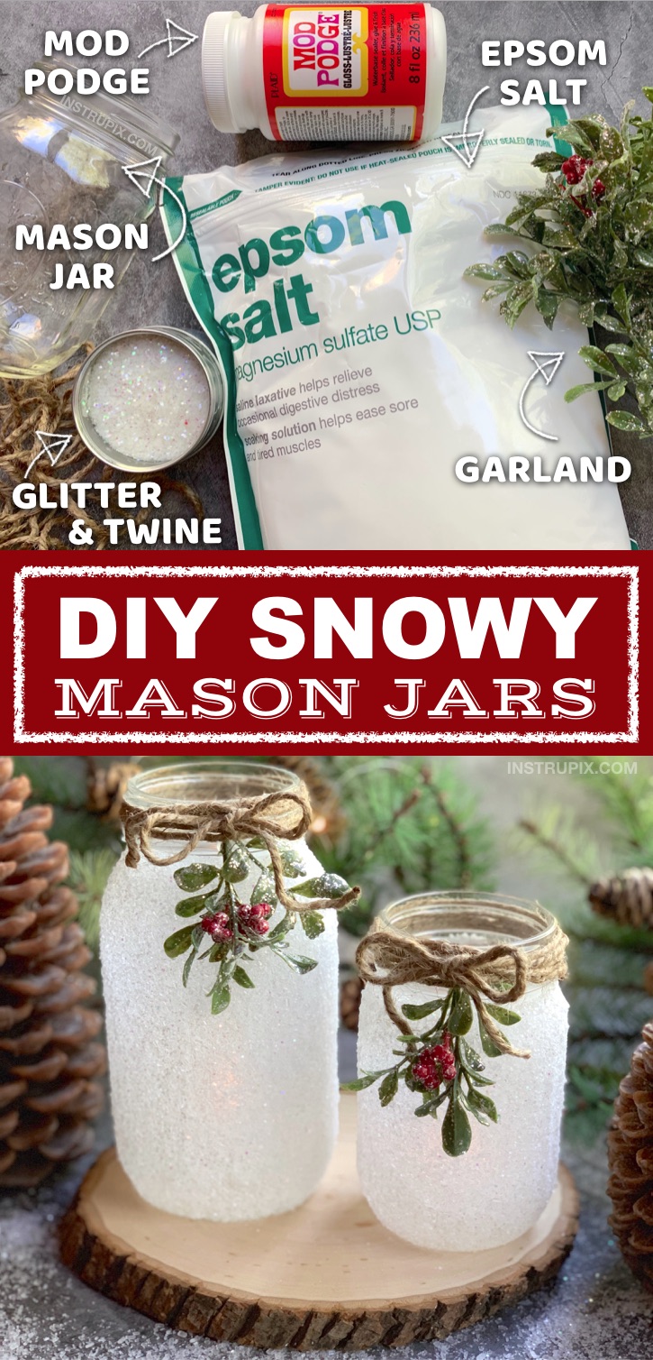 If you are looking for easy Christmas projects to make, these DIY Snowy Mason Jars are a fabulous gift idea! They're also pretty enough to sell. This easy craft is perfect for adults but also easy enough for kids. It's quick, simple, and cheap yet a stunning Christmas home decor idea! I use these DIY Christmas mason jars as a tea light holder centerpiece. #instrupix #christmas #masonjars 