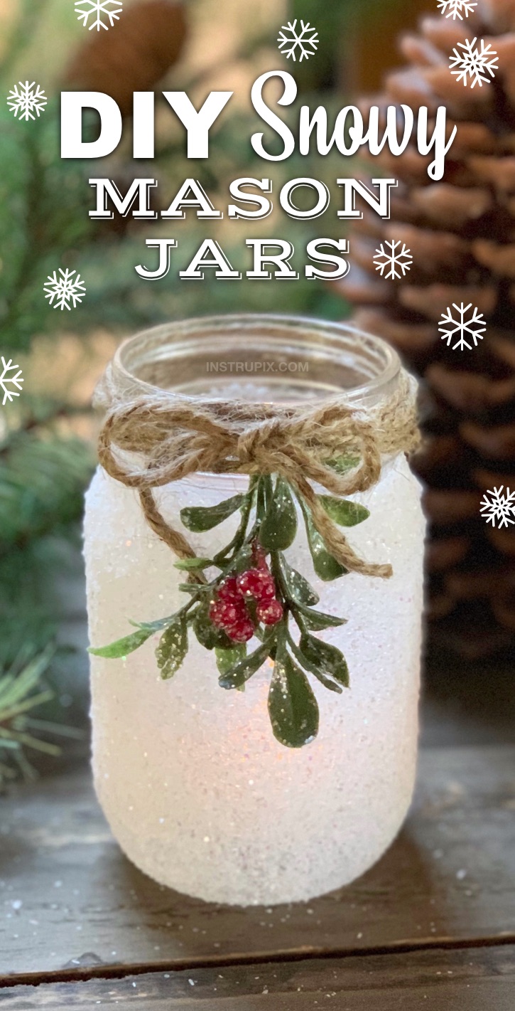 If you are looking for Christmas projects to make, these DIY Snowy Mason Jars are a fabulous gift idea! They're also pretty enough to sell. This easy craft is perfect for adults but also easy enough for kids. It's quick, simple, and cheap yet a stunning home decor idea for the holidays! I like to use these DIY Christmas mason jars as a tea light holder centerpiece. #instrupix #christmas #masonjars