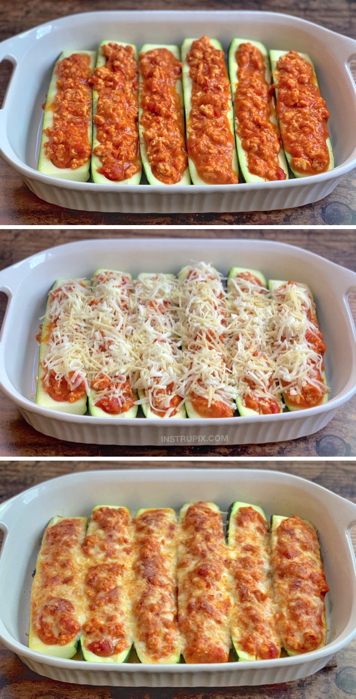 Chicken Parmesan Stuffed Zucchini Boats Recipe | The BEST easy and healthy low carb keto dinner recipe you'll ever make! -- made with just 5 simple ingredients including ground chicken for easy prep and clean up. This keto recipe is gluten-free, low carb, healthy and a family favorite. Even my kids love this healthy recipe. #lowcarb #keto #dinnerideas #zucchiniboats #instrupix 