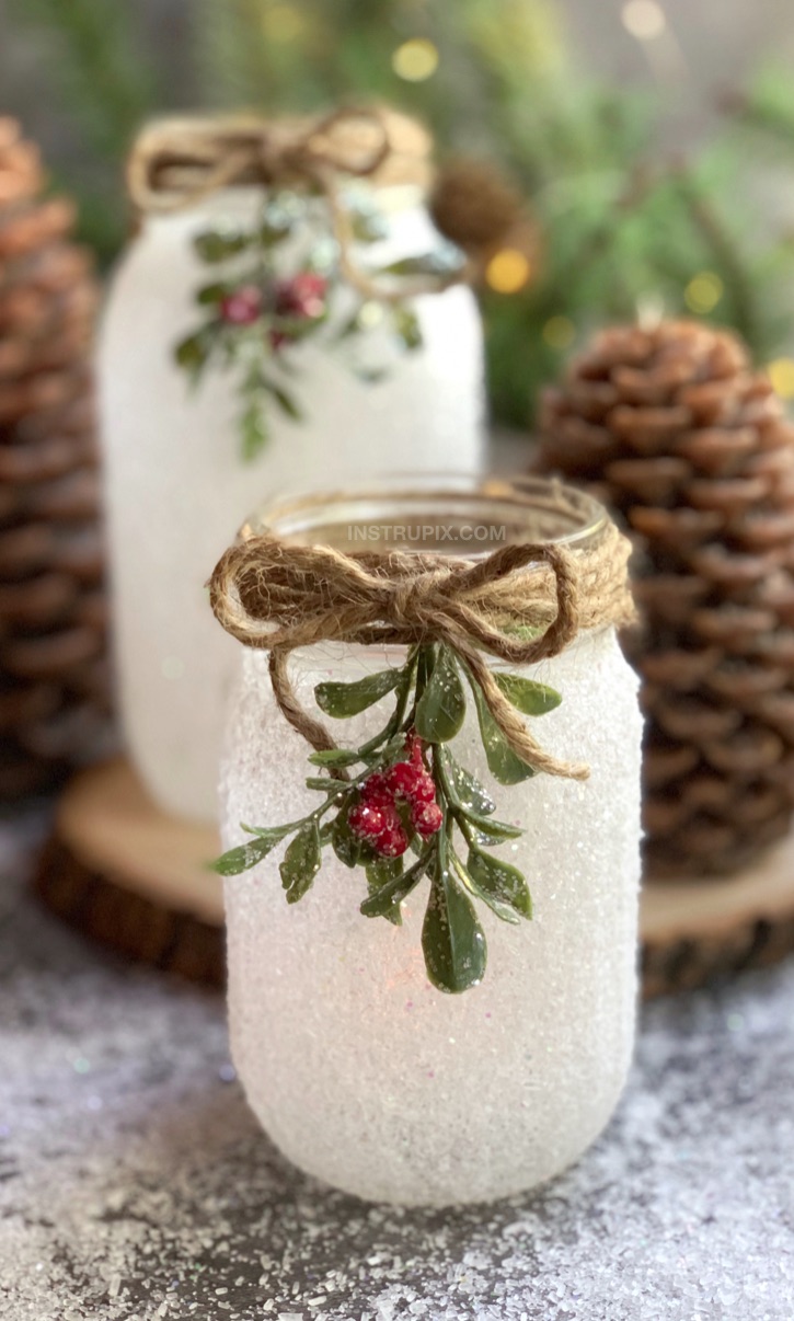 If you are looking for Christmas crafts to make for adults, these DIY Snowy Mason Jars are a fabulous gift idea! They're also pretty enough to sell. This easy project is perfect for adults but also easy enough for kids. It's quick, simple, and cheap yet a stunning home decor idea for the holidays! I like to use these DIY Christmas mason jars as a tea light holder centerpiece. #instrupix #christmas #masonjars 