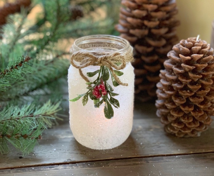 DIY Christmas Craft Snowy Mason Jar Tea Light Holders