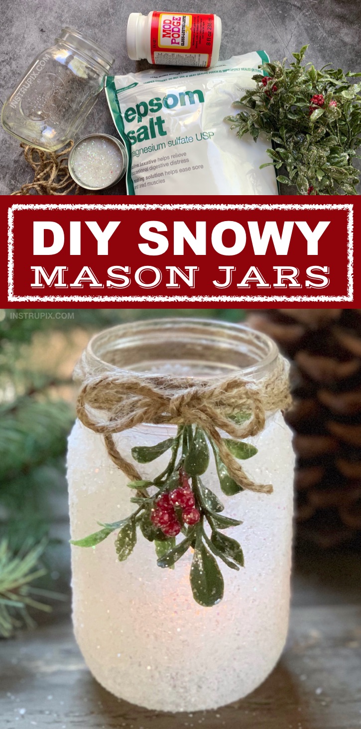 DIY Christmas Candle Holder Idea: Snowy Mason Jars -- If you are looking for fun and easy Christmas projects for adults, these simple tea light holders are the perfect gift idea for the holidays! They make for beautiful centerpieces, especially on a dining room table.