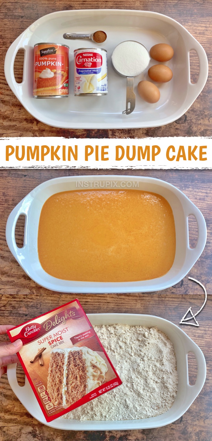 Looking for quick and easy pumpkin dessert recipes for Thanksgiving? This pumpkin pie dump cake is WAY better than traditional pie! So simple to bake with few ingredients including pumpkin puree, cake mix, sugar, eggs and evaporated milk. Serve with whipped cream or ice cream. Delish! I love baking fall treats like this. Perfect for Halloween, too. So simple and delicious. It's soft and gooey on the bottom with a crispy cinnamon crust. #fall #pumpkin #easydessert #cakemix #instrupix