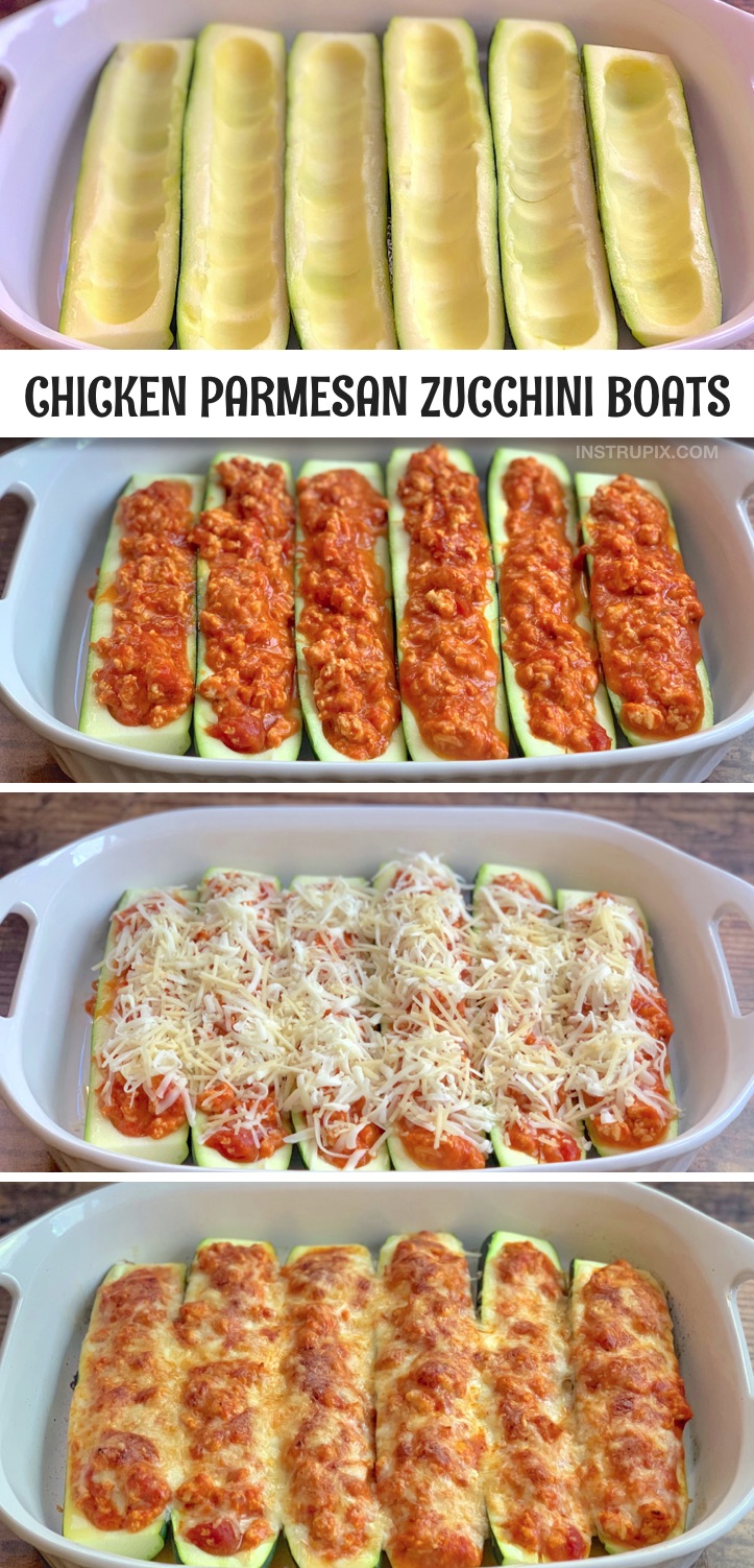 Looking for healthy dinner recipes? This low carb and keto friendly chicken parmesan zucchini boat recipe is made with simple and cheap ingredients: zucchini, ground chicken, tomato sauce and lots of cheese. They're clean eating, ketogenic and incredibly delicious! If you're looking for easy low carb meals for busy weeknights, these zucchini boats are always a hit. Even my kids love them! They are a fabulous dinner idea for families. High in protein and Atkins diet approved. #keto #instrupix