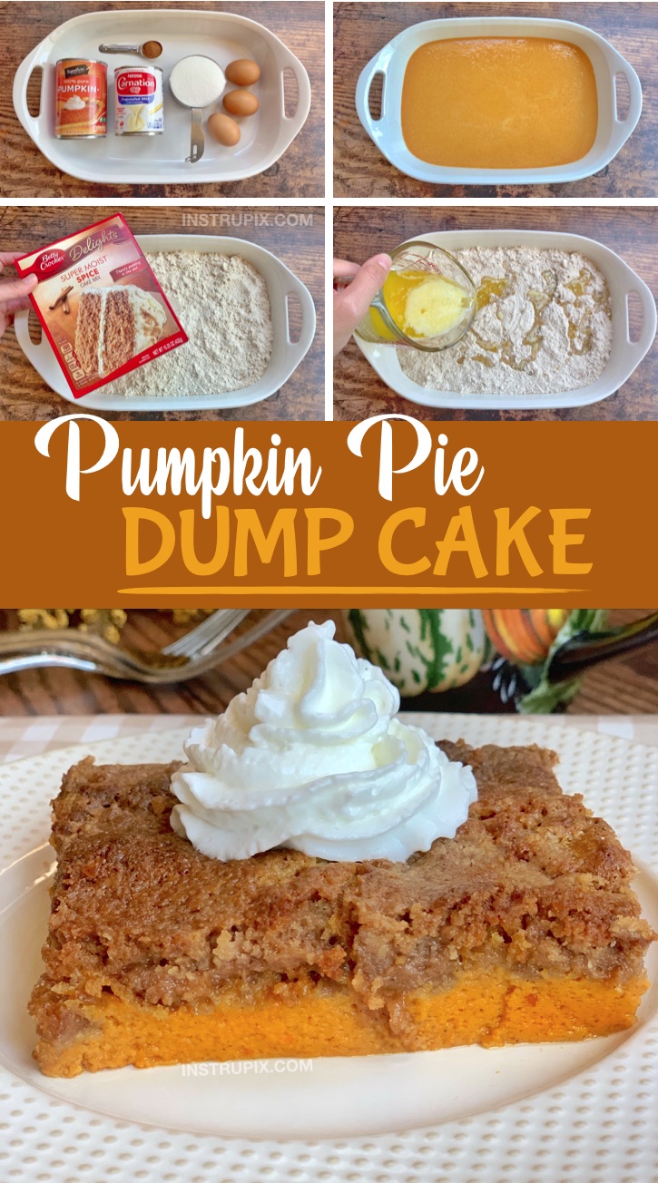 Easy Pumpkin Fall Dessert -- A quick and easy recipe for Thanksgiving! Pumpkin Pie Dump Cake. Made with simple ingredients including a box of spice cake mix. The entire family will love this creative dessert idea! #instrupix #pumpkin #falldesserts