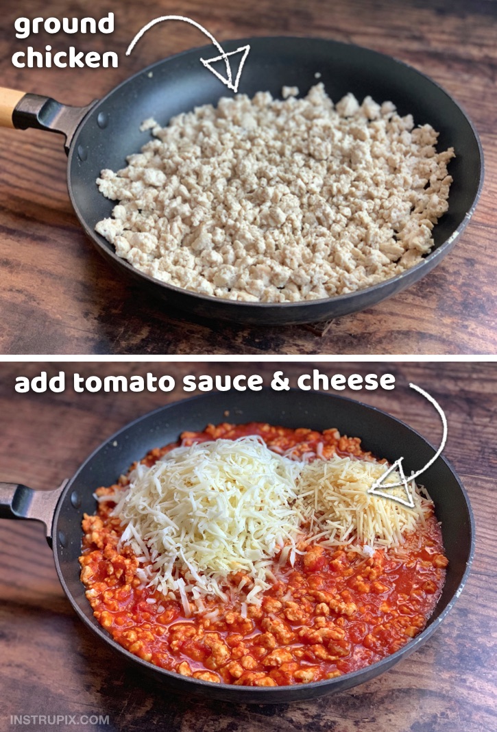 Chicken parmesan stuffing for zucchini boats! A fun, healthy and delicious low carb dinner recipe.