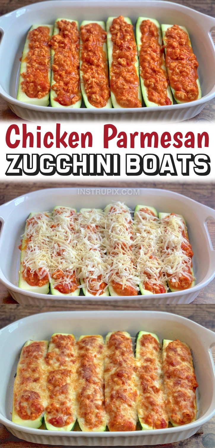 My favorite easy, healthy and low carb dinner recipe! A quick and easy zucchini boat recipe made with ground chicken, marinara and cheese. If you’re looking for easy keto dinner ideas, these chicken parmesan stuffed zucchini boats are a slam dunk. Even my kids love this simple and delicious recipe. The zucchini provides the perfect crunch, and the chicken stuffing is super cheesy and flavorful. The parmesan gets that irresistible toasty goodness that makes all the difference. Just 5 ingredients!