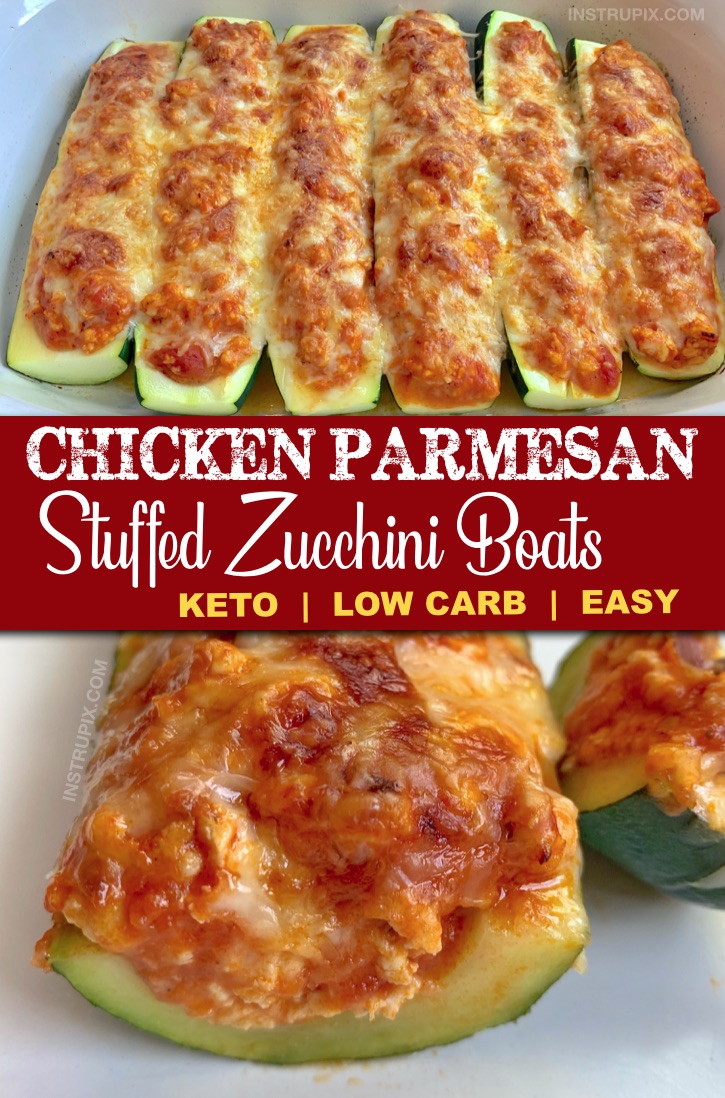 The BEST easy and healthy low carb dinner recipe you'll ever make! Chicken Parmesan Stuffed Zucchini Boats Recipe -- made with just 5 simple ingredients including ground chicken for easy prep and clean up. This keto recipe is gluten-free, low carb, healthy and a family favorite. Even my kids love it. #lowcarb #keto #dinnerideas #zucchiniboats #instrupix 