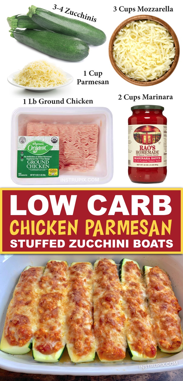 Looking for easy keto dinner ideas? These low carb zucchini boats are super quick and easy to make with just 5 simple ingredients: ground chicken, marinara, mozzarella, parmesan and zucchini. They're healthy, kid friendly and delish. You don't have to be on a low carb diet to love this recipe! The ground chicken makes it super easy with very little prep. Perfect for busy week night meals.