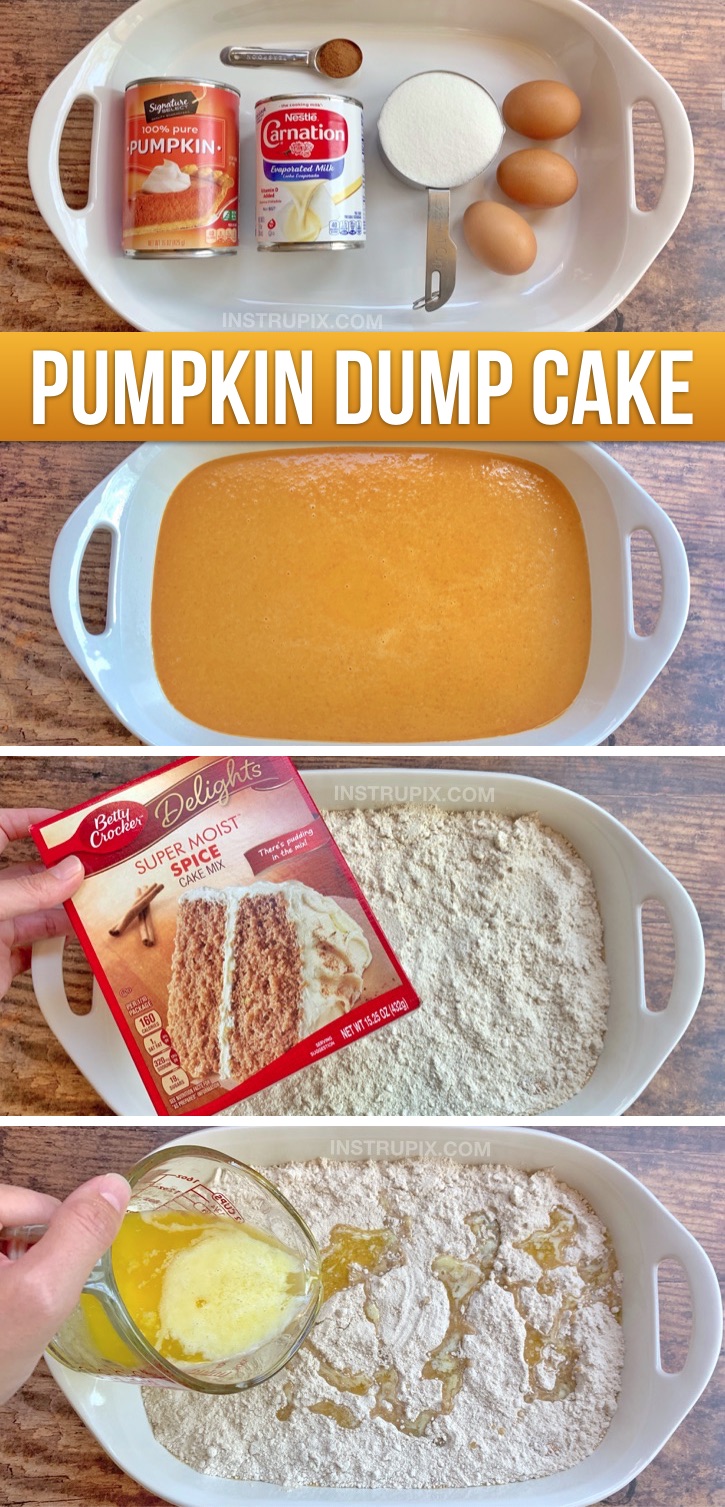 This easy fall dessert recipe is better than pumpkin pie! Dump cake is so quick and easy to throw together thanks to boxed cake mix, and is always a crowd pleaser. It's perfect for Thanksgiving, Halloween or any party or family get-together in the fall. This yummy pumpkin dessert is made with just a few simple ingredients and feeds a crowd. Serve it with whipped cream or ice cream! You simply mix the wet ingredients together, top with spice cake mix and melted butter. Bake and done! Delicious.