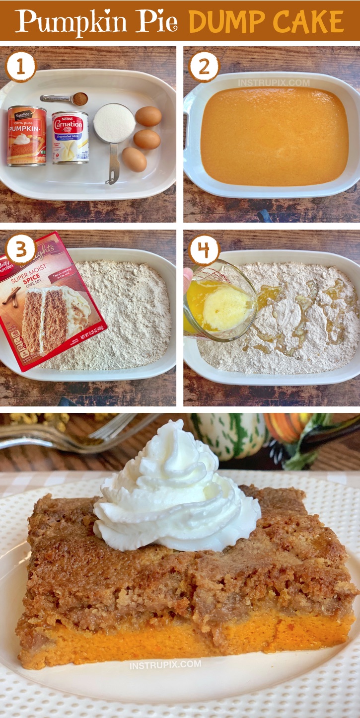 Easy Pumpkin Fall Dessert Idea -- A quick and simple recipe for Thanksgiving! Pumpkin Pie Dump Cake. Made with a box of spice cake mix. The entire family will love this fun and creative dessert recipe! #instrupix #pumpkin #falldesserts