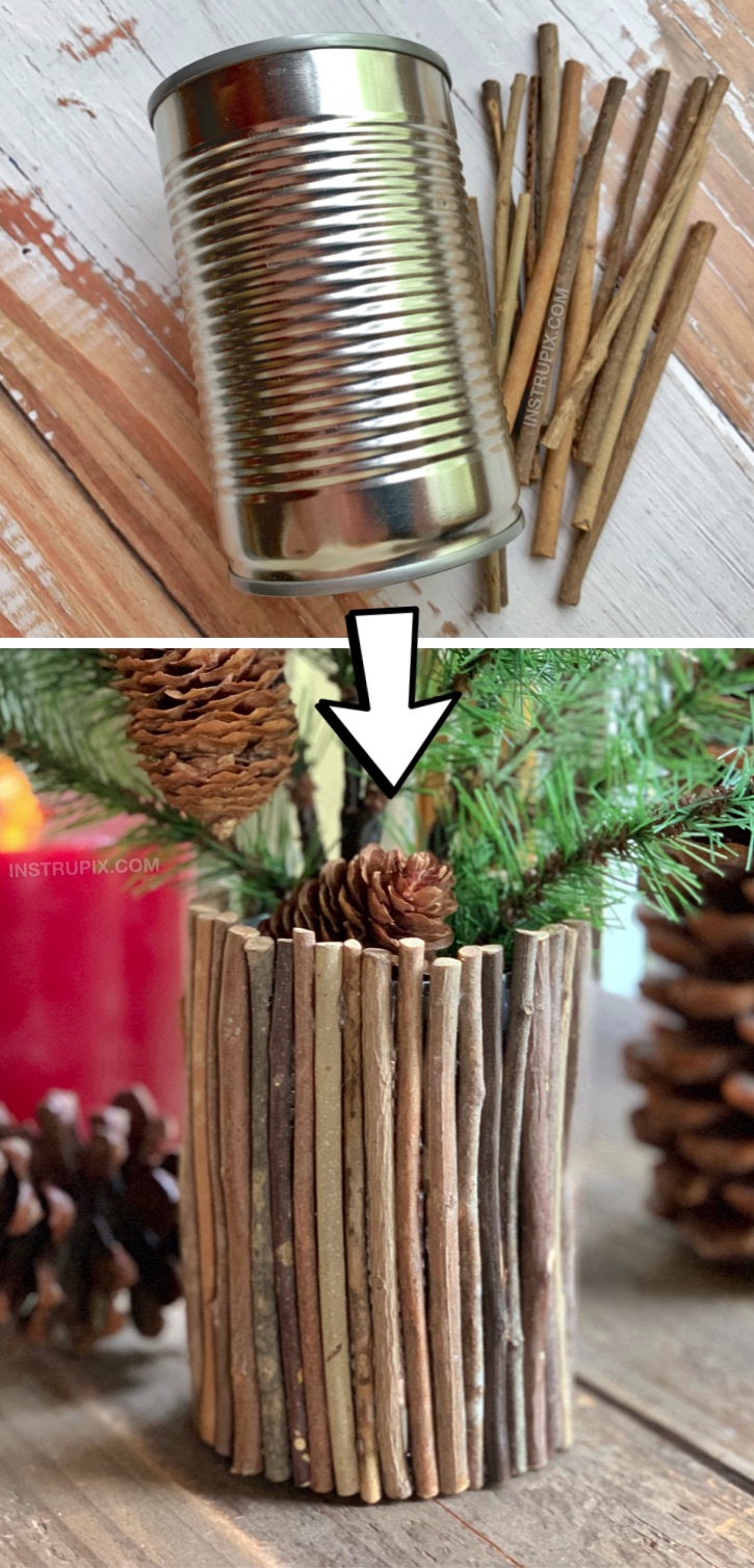 Cheap & Easy Upcycling Christmas Craft: DIY Rustic Vase made out of a tin can! Looking for upcycling crafts? There are so many ways to dress up a tin can! This cheap and easy project is great for kids and adults! Simply use sticks and hot glue to cover a tin can. #upcycling #recycling #easycrafts #instrupix 