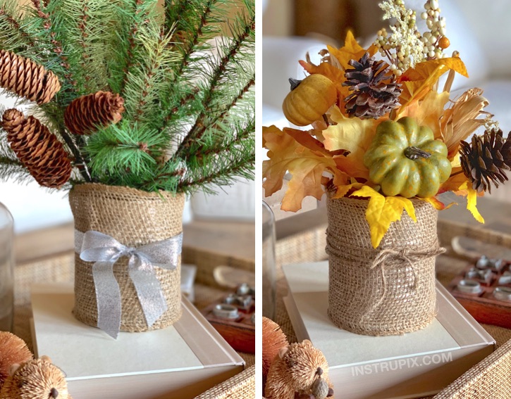 Burlap Coved Tin Can Makeover -- 6 easy ways to dress up a tin can. These are beautiful for holiday displays! A cheap and easy DIY craft idea that anyone can make.