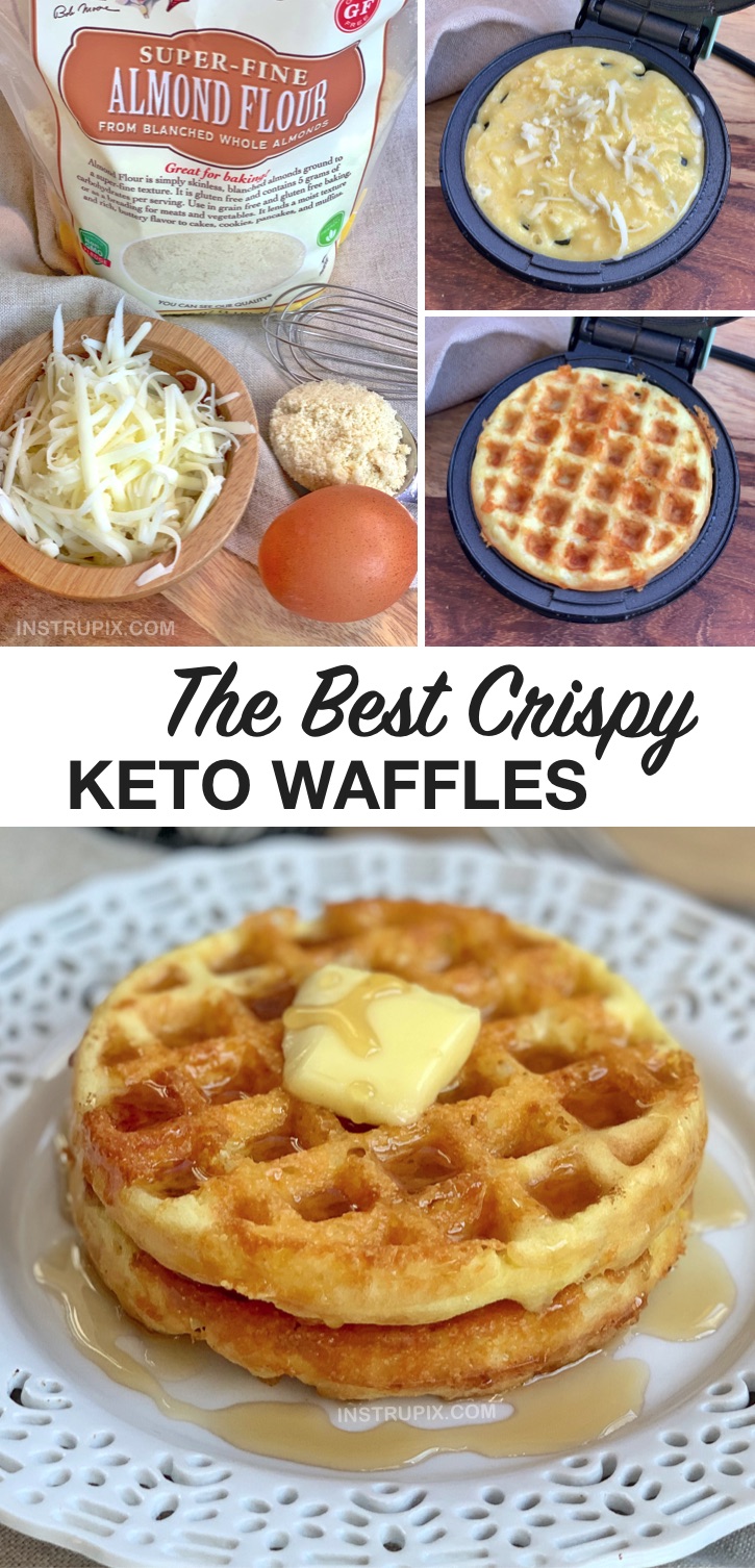 Easy Keto Waffles Recipe made with 3 simple ingredients: almond flour, an egg and cheese. So quick and easy! This is the best keto breakfast recipe, ever. Make it in a mini waffle iron and serve with sugar free syrup. Just like the real thing!