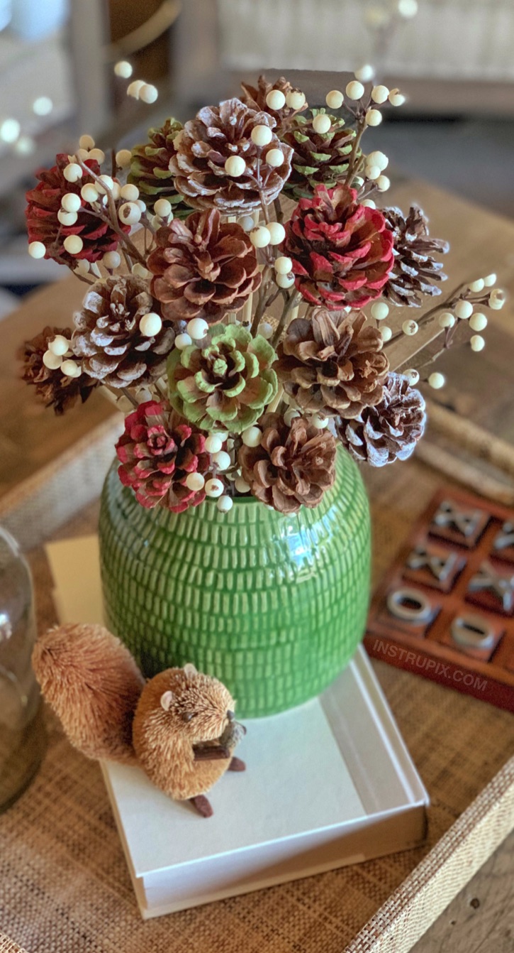 Easy craft for adults to do at home: Simple DIY Pine Cone Flowers With Stems -- A fun DIY home decor project! Beautiful for fall or Christmas. These pinecone flowers make for lovely centerpieces.