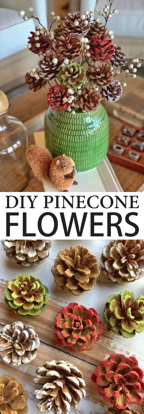 Looking for DIY pinecone crafts to make? Check out how to make these easy pinecone flowers with stems! They look beautiful with a little paint in a vase for fall, Christmas or any occasion. A gorgeous centerpiece idea for the holidays! This simple tutorial will show you how to easily make them with a drill, hot glue and wooden skewers. | Instrupix.com #instrupix 