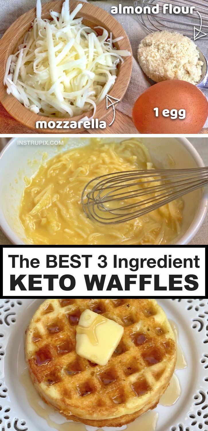 Looking for quick and easy keto breakfast ideas? If you're tired of eating eggs and bacon, then you are going to love these simple and sweet keto chaffles made with just 3 ingredients: almond flour, mozzarella and an egg. The BEST low carb breakfast! Make them in your mini waffle iron. These flourless, high protein waffles are very filling and delicious (yet much healthier than regular waffles). Great for beginners on a ketogenic diet and anyone with busy mornings. #keto #lowcarb #chaffles