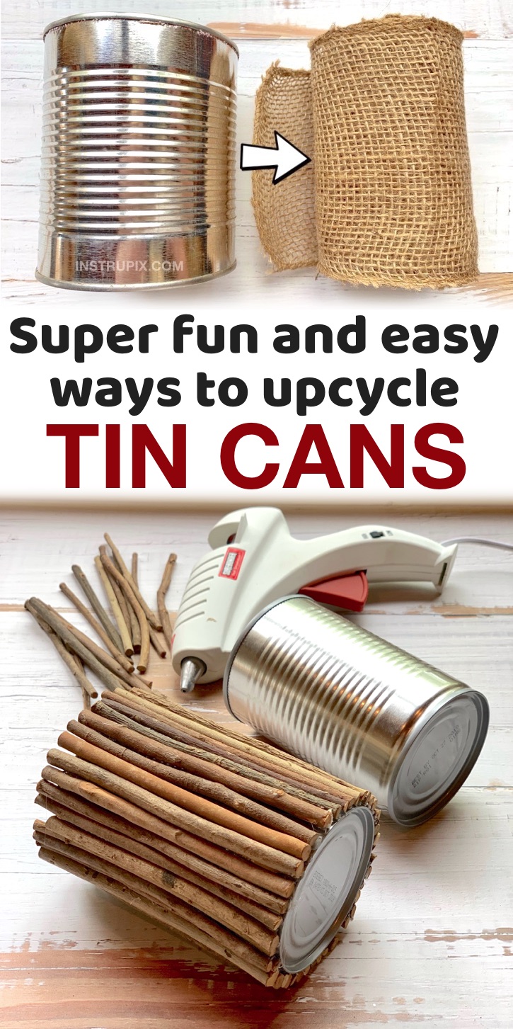 Cheap & Fun Ways To Upcycle And Repurpose Tin Cans | These easy tin can crafts are pefect for storing and organizing your home! Everything from office and craft supplies to bathroom toiletries. I love projects like this that don't require spending a dime. You can cover a tin can in just about anything from fabric to sticks to make impressive and gorgeous containers. I also like to use them to display holiday garland and flowers. There are so many uses for these cans! A great way to recycle. 